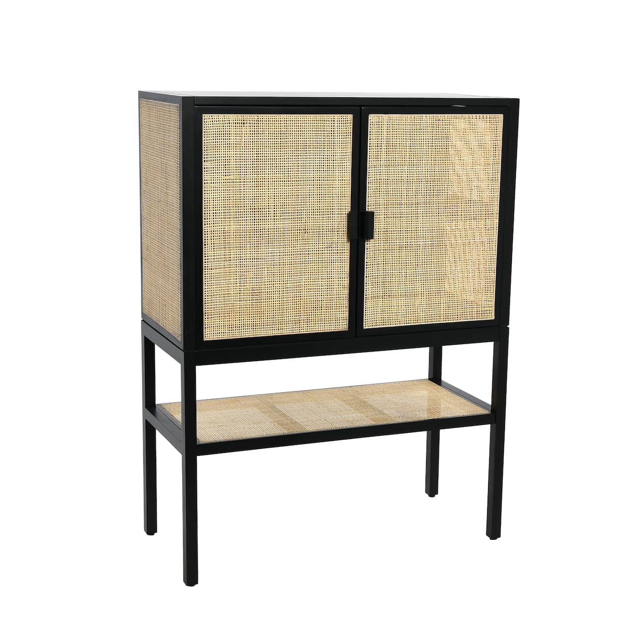 47&#x22; Boho Woven Rattan and Wood Cabinet with Doors, Shelf, and Interior Storage Compartments